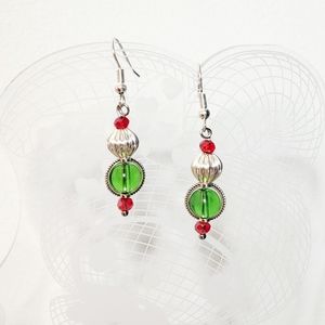 Christmas Dangle Earrings Glass Beads & Crystals Red & Green Handmade